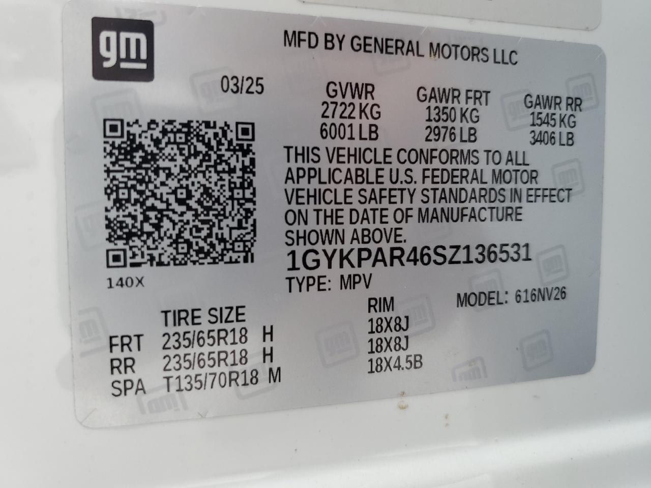 2025 Cadillac Xt6 Luxury VIN: 1GYKPAR46SZ136531 Lot: 85089755