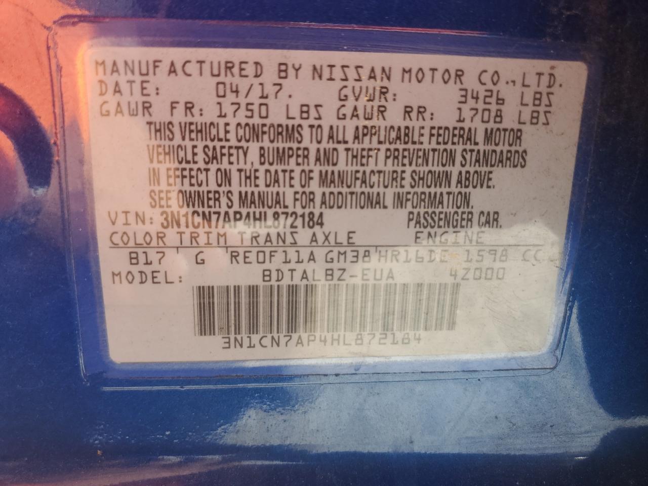 2017 Nissan Versa S VIN: 3N1CN7AP4HL872184 Lot: 89485935
