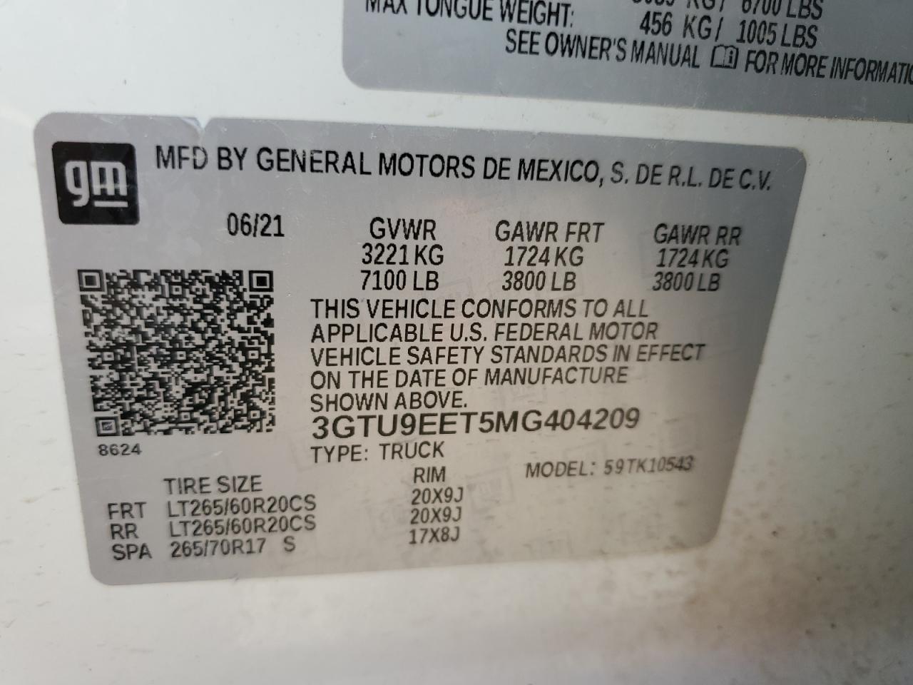 2021 GMC Sierra K1500 At4 VIN: 3GTU9EET5MG404209 Lot: 90034345