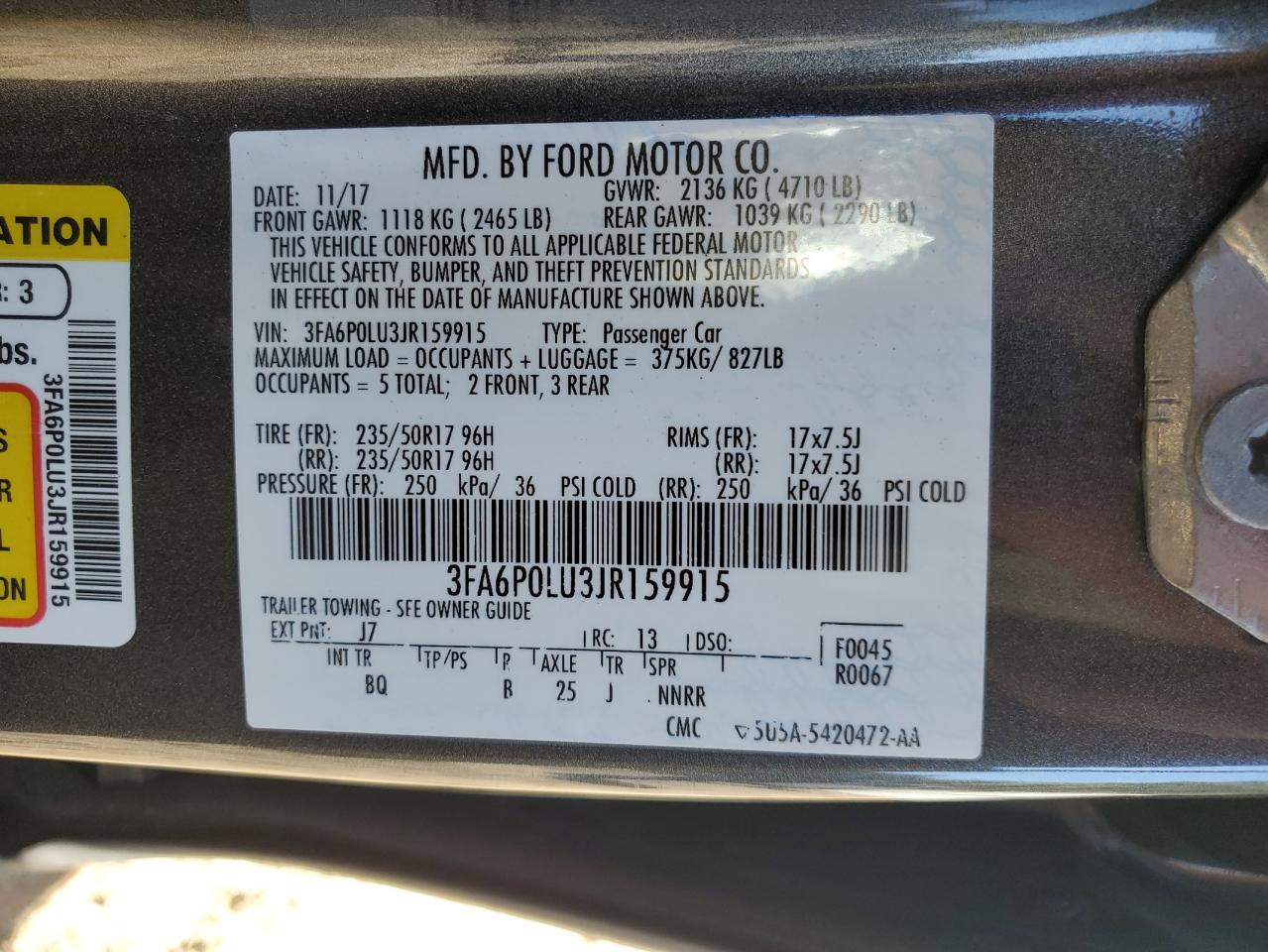 2018 Ford Fusion Se Hybrid VIN: 3FA6P0LU3JR159915 Lot: 85837245