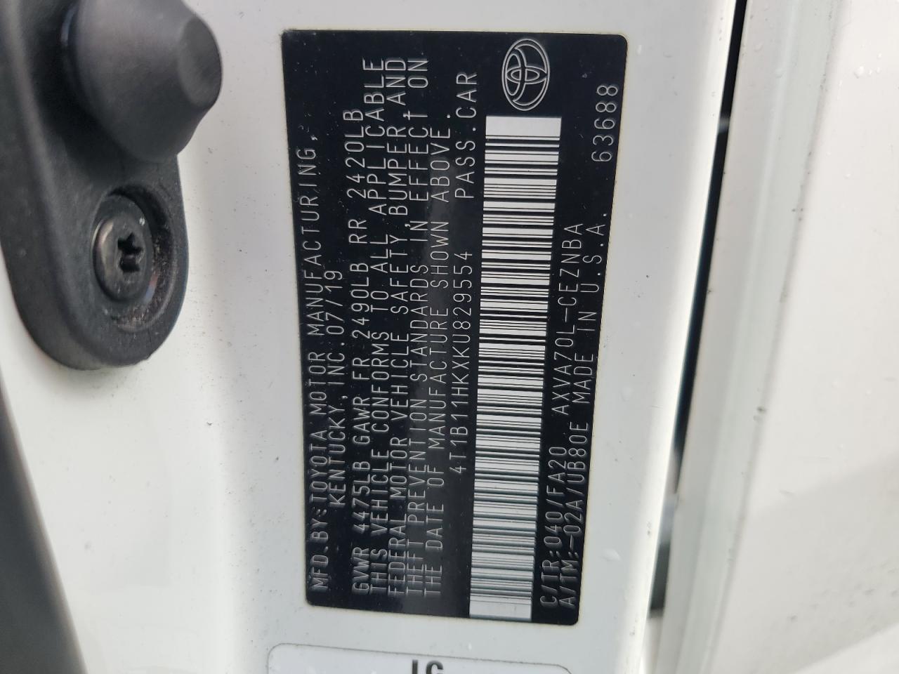 2019 Toyota Camry L VIN: 4T1B11HKXKU829554 Lot: 85362025