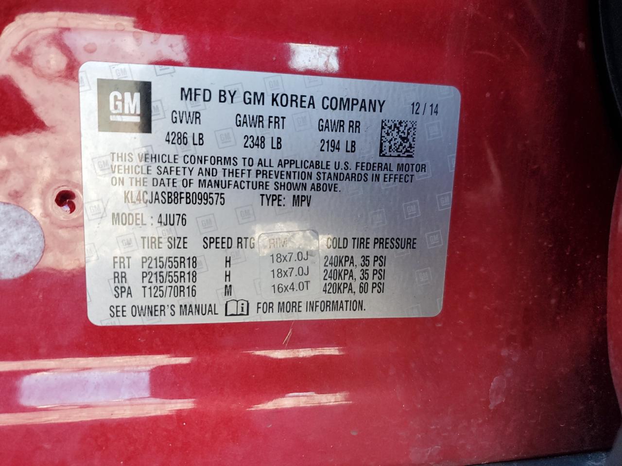 2015 Buick Encore VIN: KL4CJASB8FB099575 Lot: 90866955