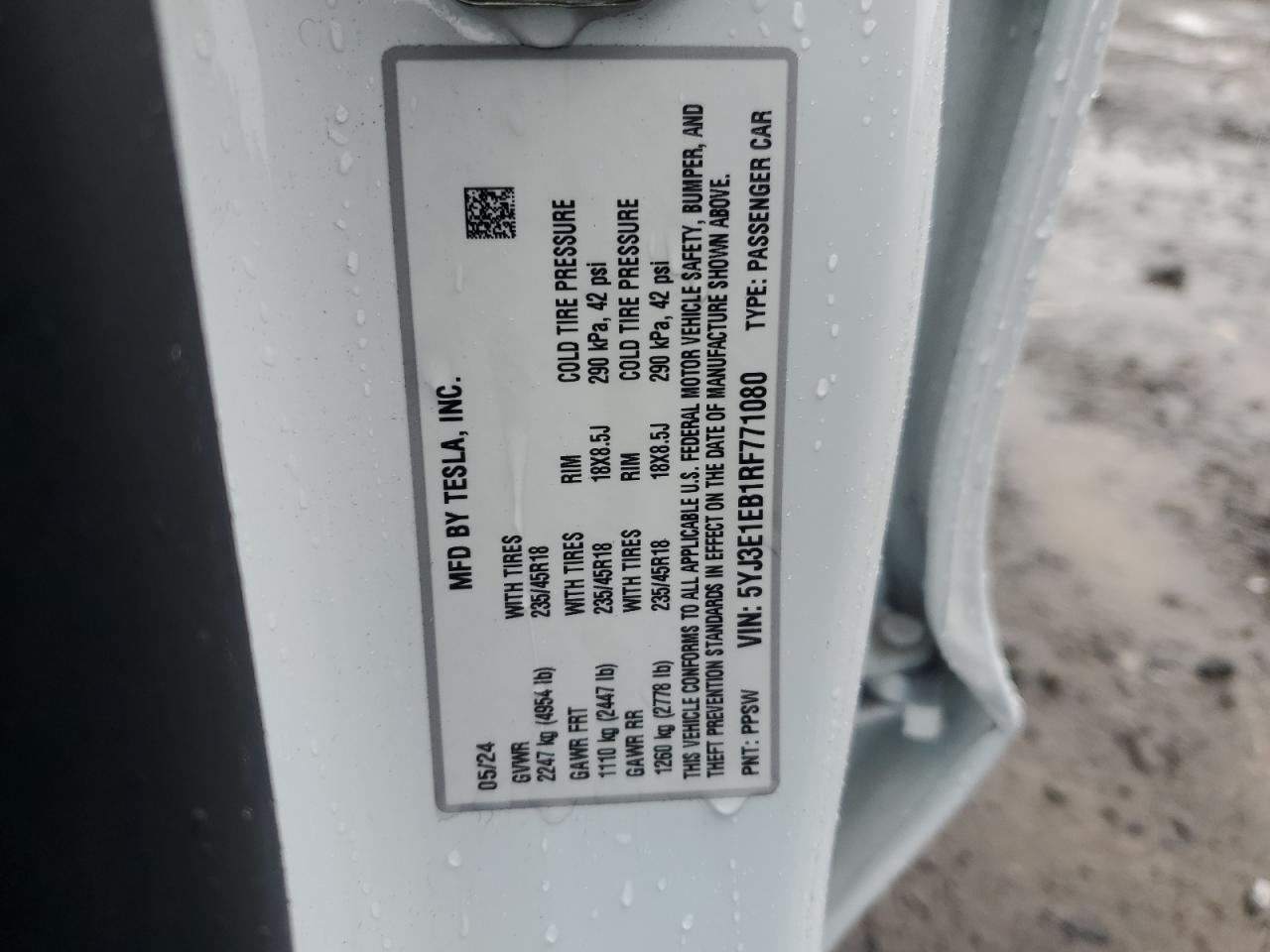 2024 Tesla Model 3 VIN: 5YJ3E1EB1RF771080 Lot: 85542815