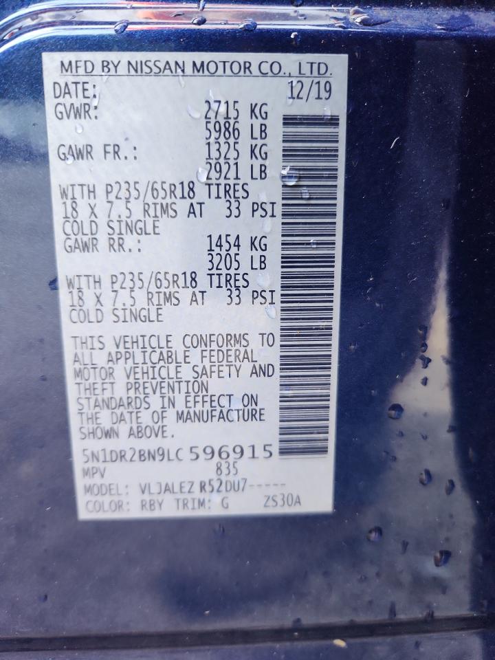 2020 Nissan Pathfinder Sv VIN: 5N1DR2BN9LC596915 Lot: 85723585