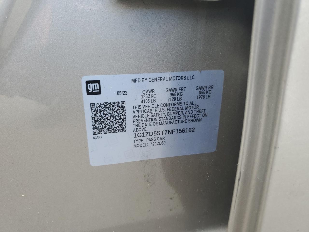 2022 Chevrolet Malibu Lt VIN: 1G1ZD5ST7NF156162 Lot: 82312075