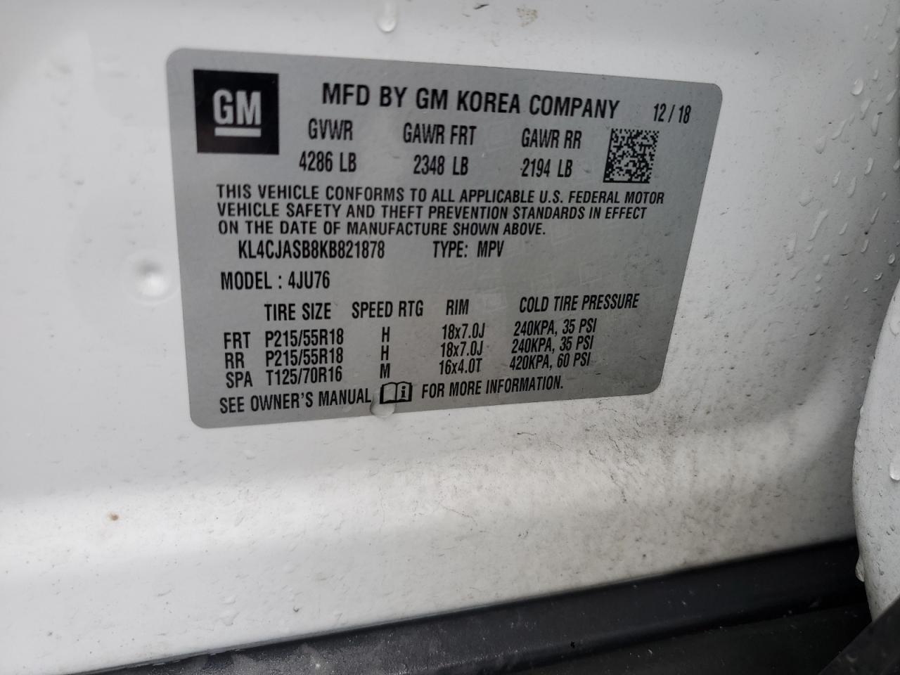 2019 Buick Encore Preferred VIN: KL4CJASB8KB821878 Lot: 82229655