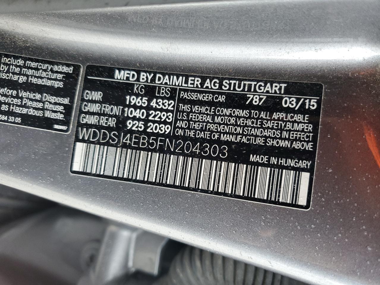 2015 Mercedes-Benz Cla 250 VIN: WDDSJ4EB5FN204303 Lot: 90341755