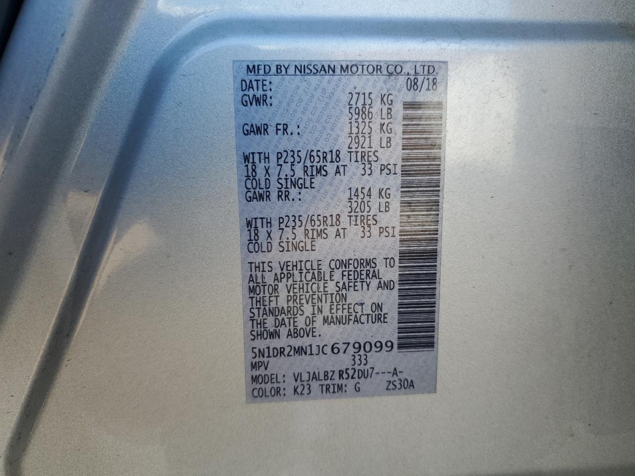 2018 Nissan Pathfinder S VIN: 5N1DR2MN1JC679099 Lot: 85328135