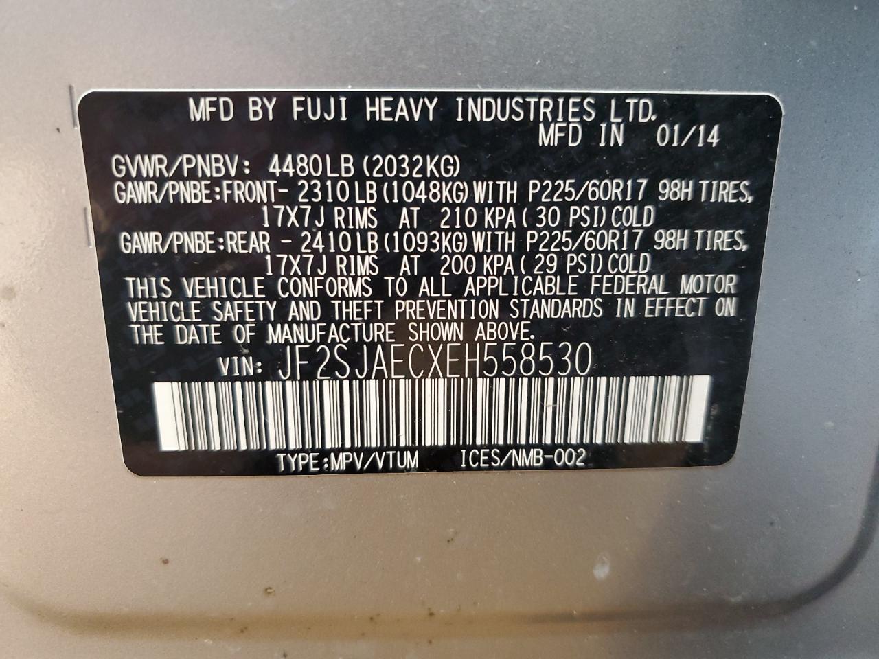 2014 Subaru Forester 2.5I Premium VIN: JF2SJAECXEH558530 Lot: 84972125