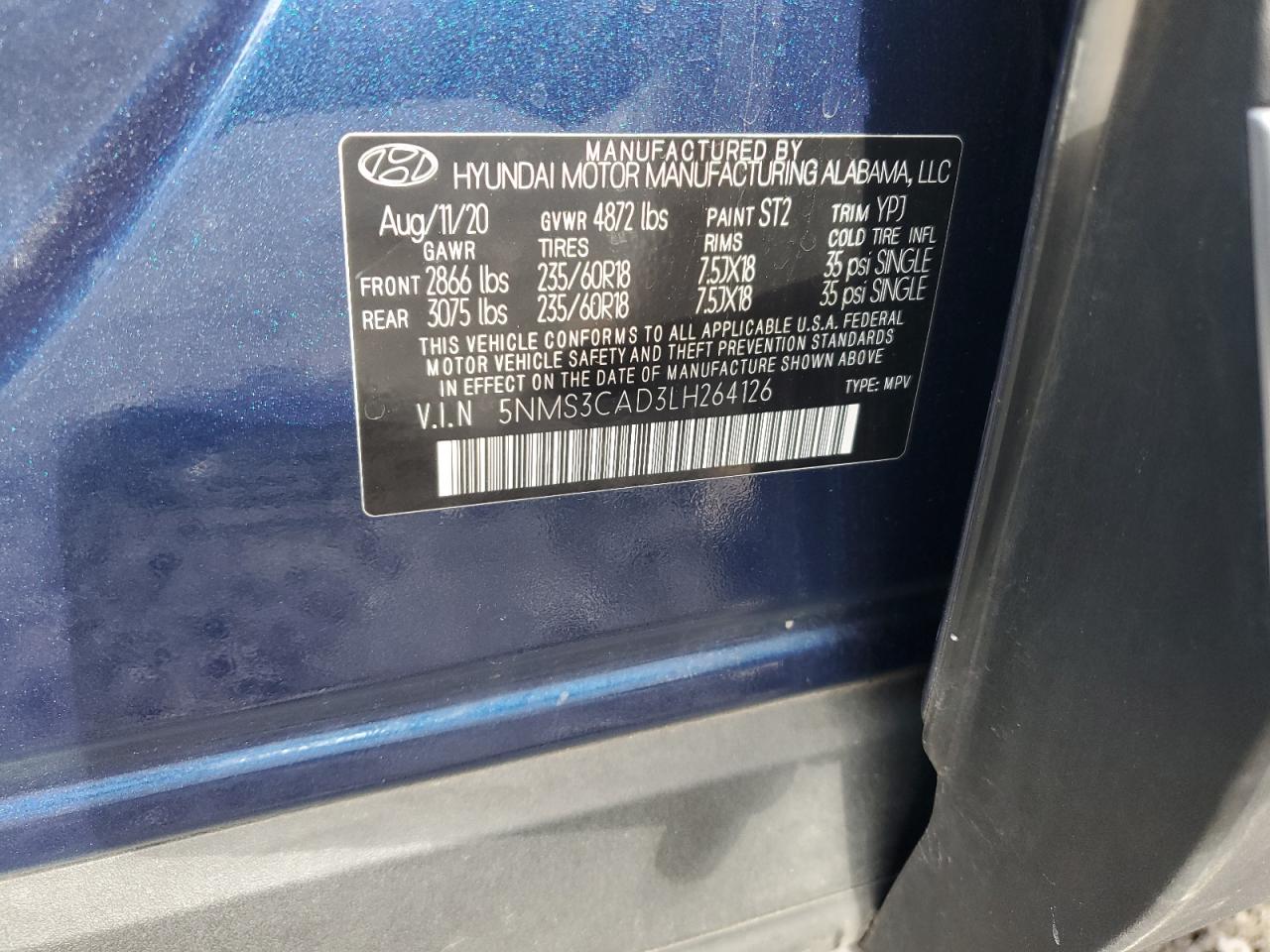 2020 Hyundai Santa Fe Sel VIN: 5NMS3CAD3LH264126 Lot: 85492335