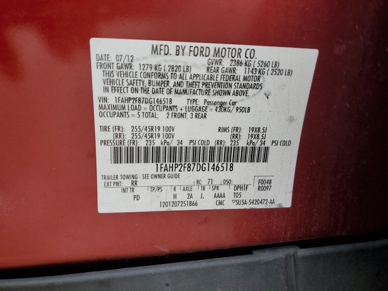 2013 Ford Taurus Limited VIN: 1FAHP2F87DG146518 Lot: 85686845