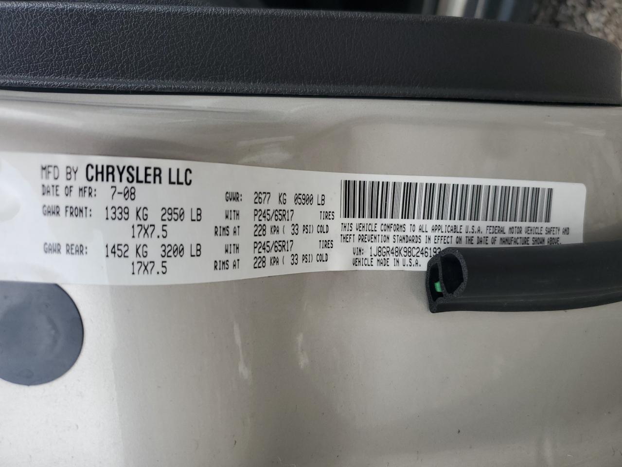 2008 Jeep Grand Cherokee Laredo VIN: 1J8GR48K98C246193 Lot: 89548375