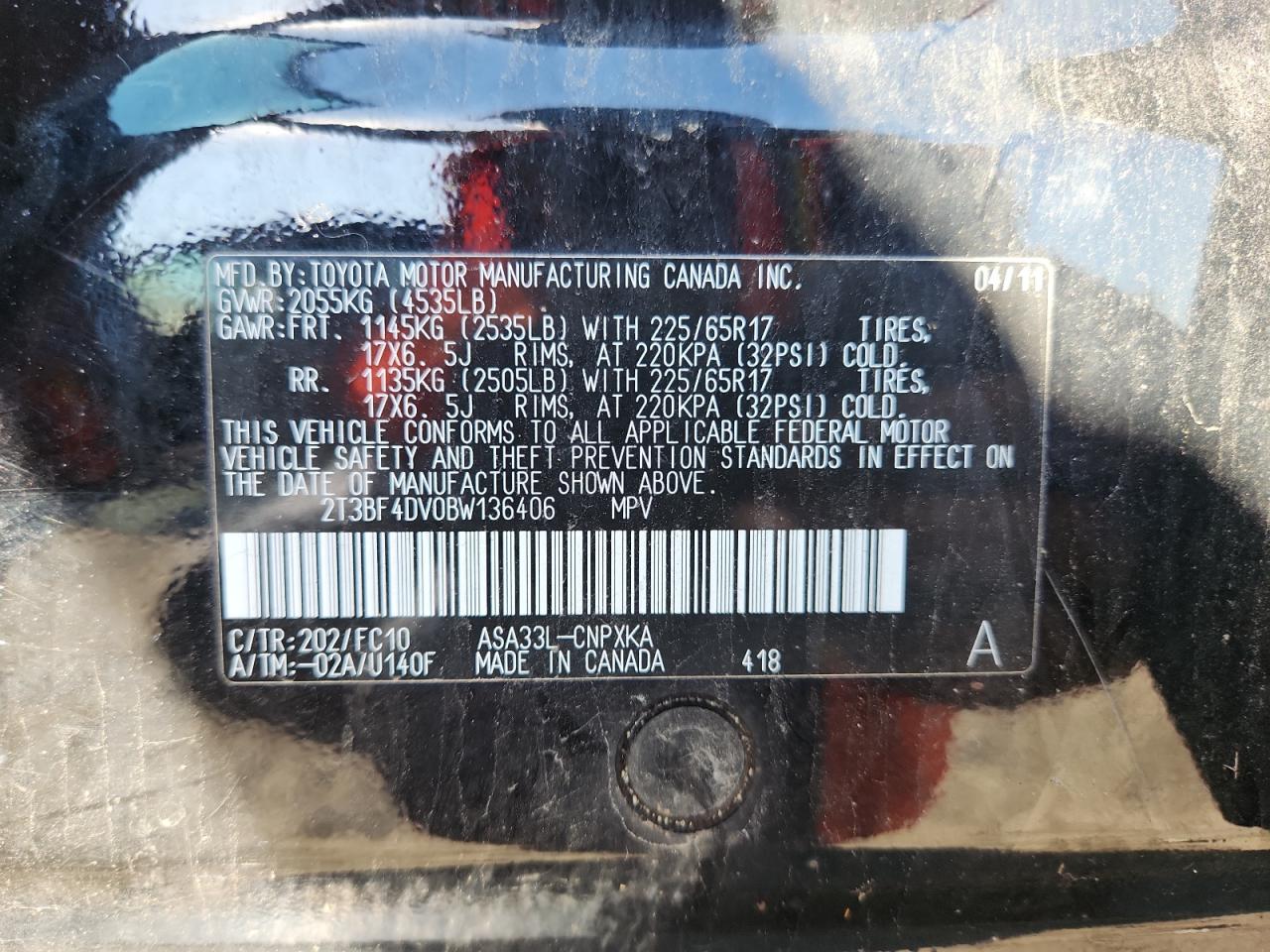 2011 Toyota Rav4 VIN: 2T3BF4DV0BW136406 Lot: 85156885