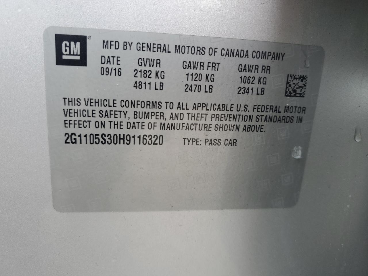 2017 Chevrolet Impala Lt VIN: 2G1105S30H9116320 Lot: 82255695