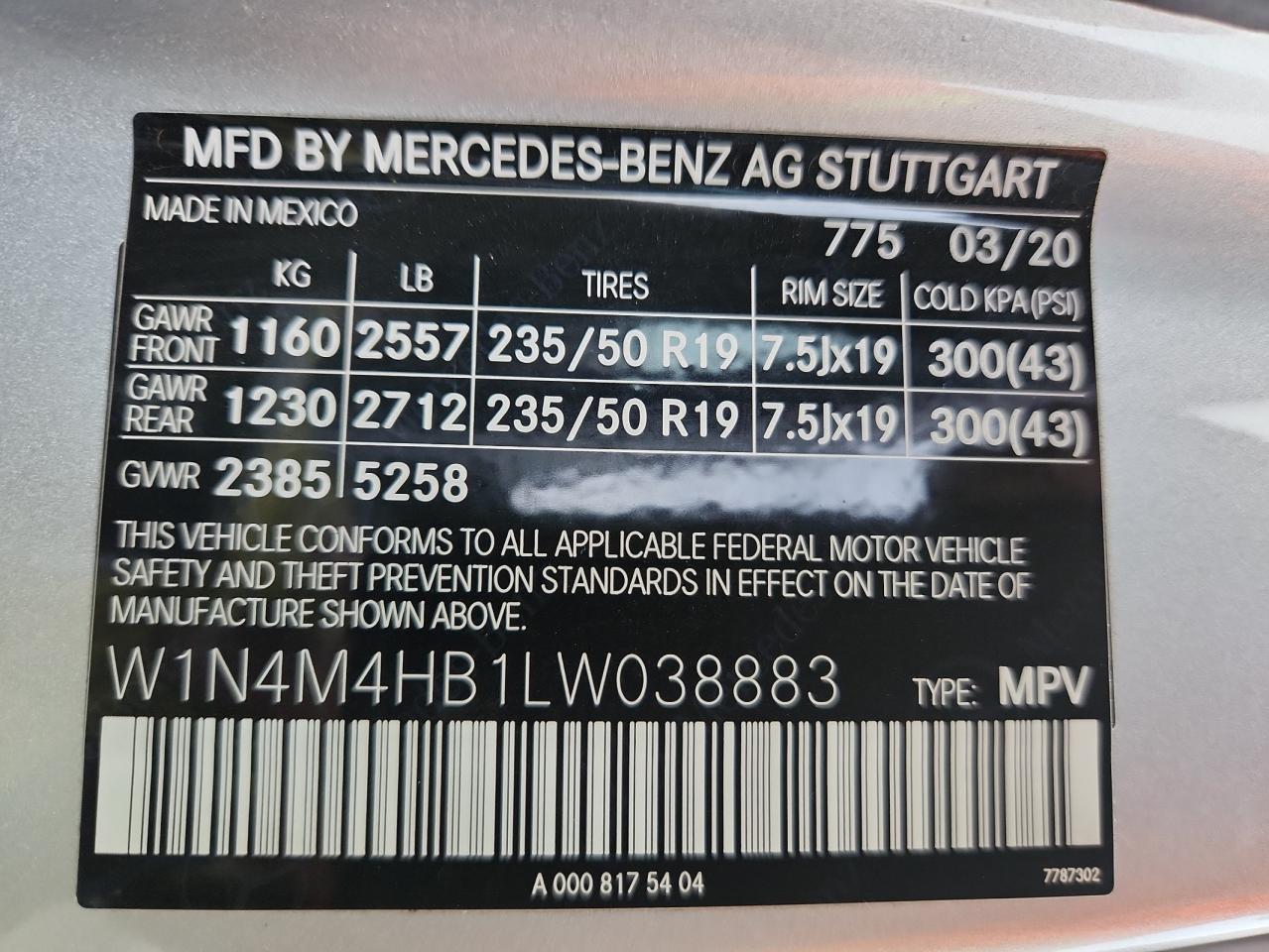 2020 Mercedes-Benz Glb 250 4Matic VIN: W1N4M4HB1LW038883 Lot: 85669405