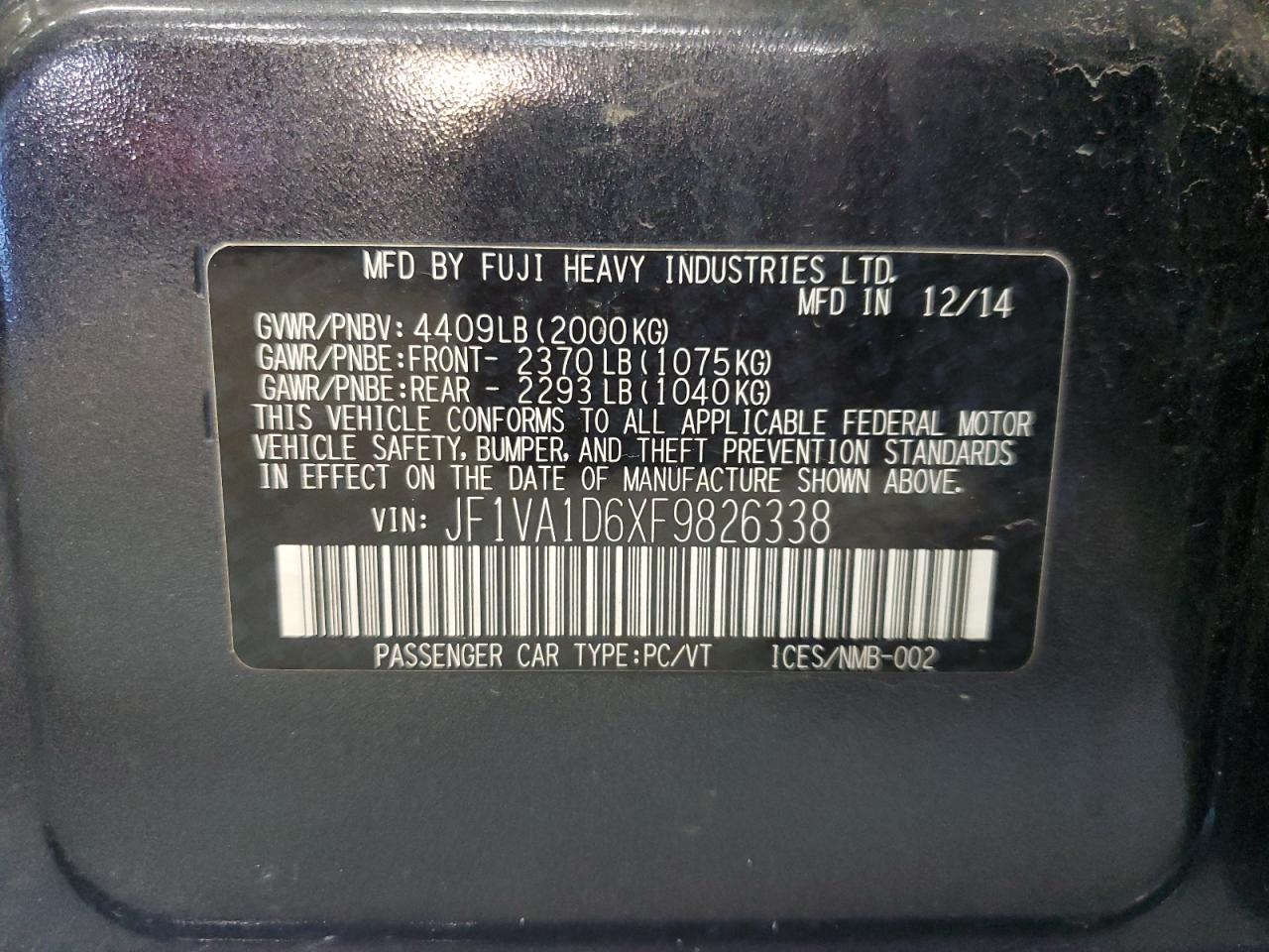 2015 Subaru Wrx Premium VIN: JF1VA1D6XF9826338 Lot: 86885075