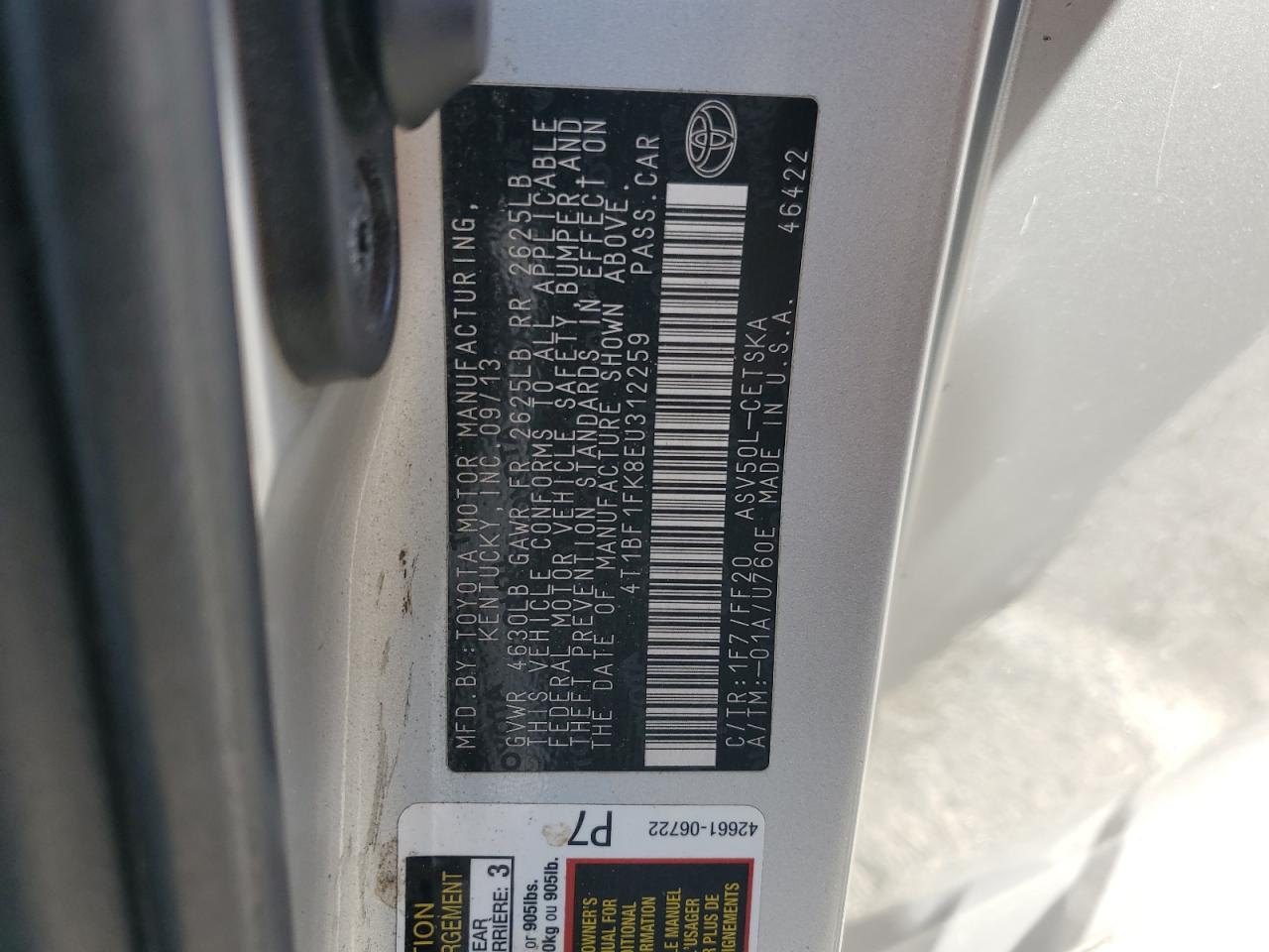 2014 Toyota Camry L VIN: 4T1BF1FK8EU312259 Lot: 85299375