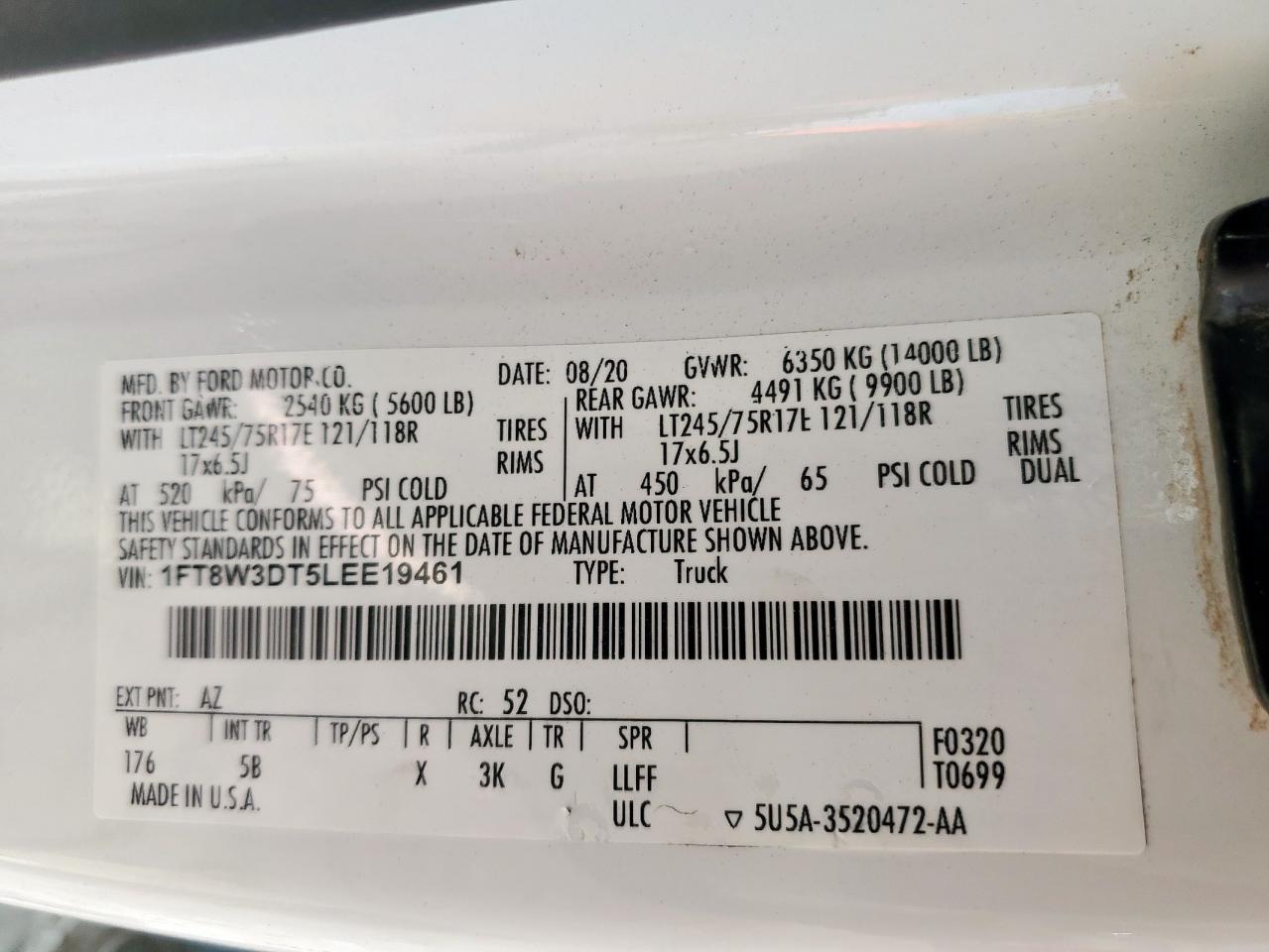 2020 Ford F350 Super Duty VIN: 1FT8W3DT5LEE19461 Lot: 86274915