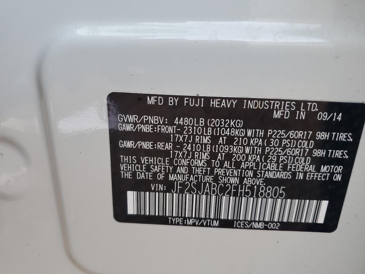 2015 Subaru Forester 2.5I VIN: JF2SJABC2FH518805 Lot: 85750625