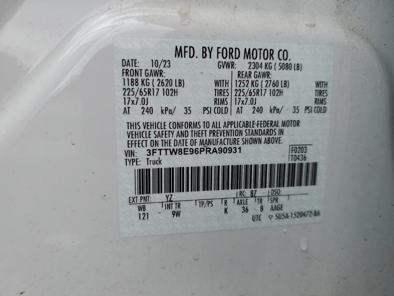 2023 Ford Maverick Xl VIN: 3FTTW8E96PRA90931 Lot: 85254405