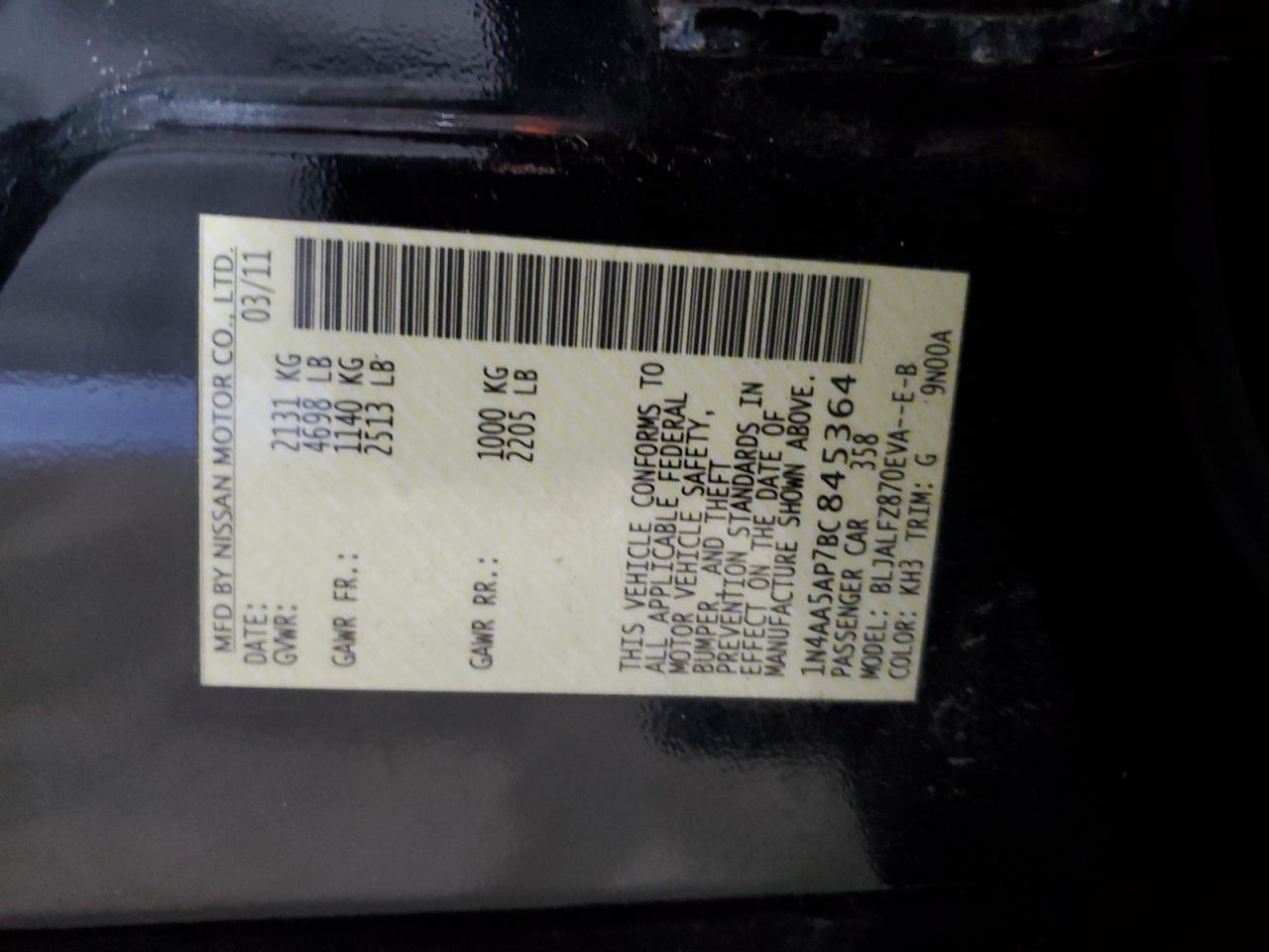 2011 Nissan Maxima S VIN: 1N4AA5AP7BC845364 Lot: 90546805