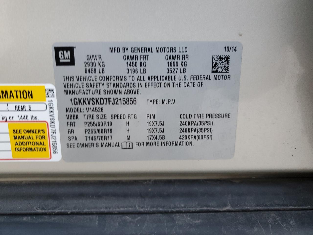 2015 GMC Acadia Slt-2 VIN: 1GKKVSKD7FJ215856 Lot: 85959515