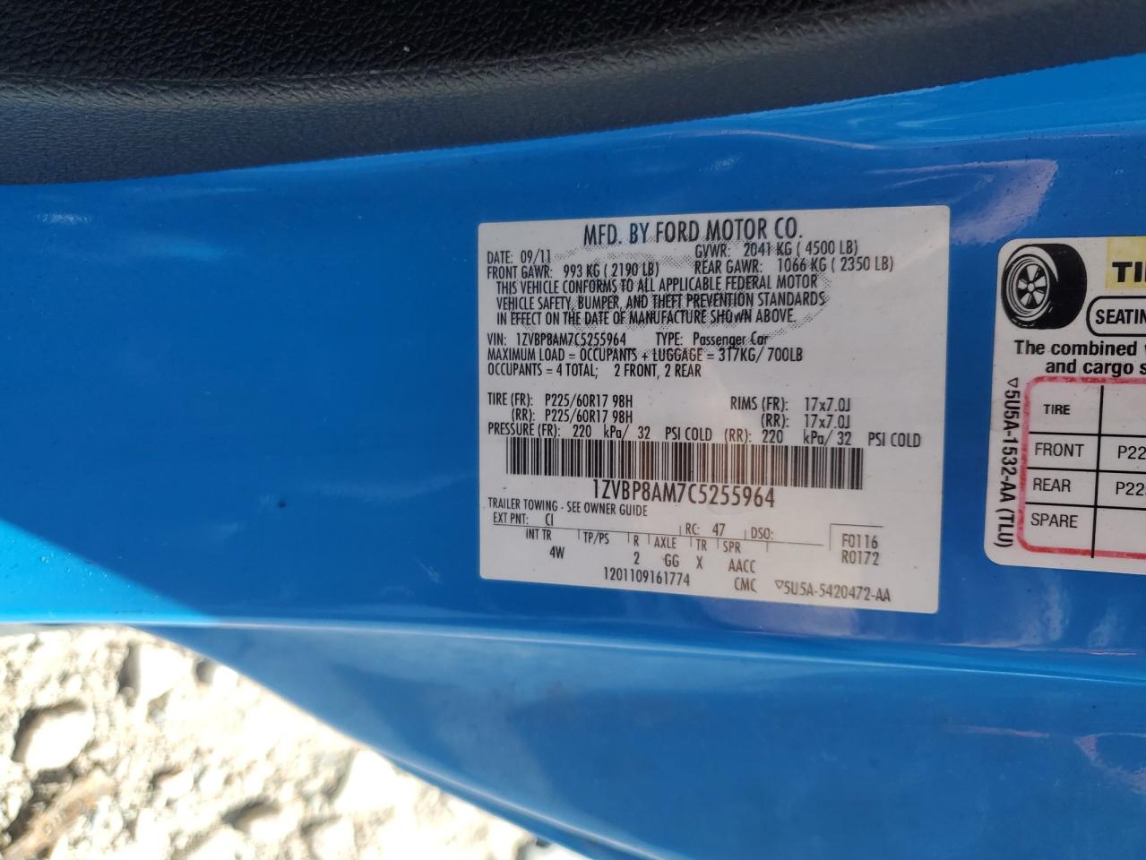 2012 Ford Mustang VIN: 1ZVBP8AM7C5255964 Lot: 86640565