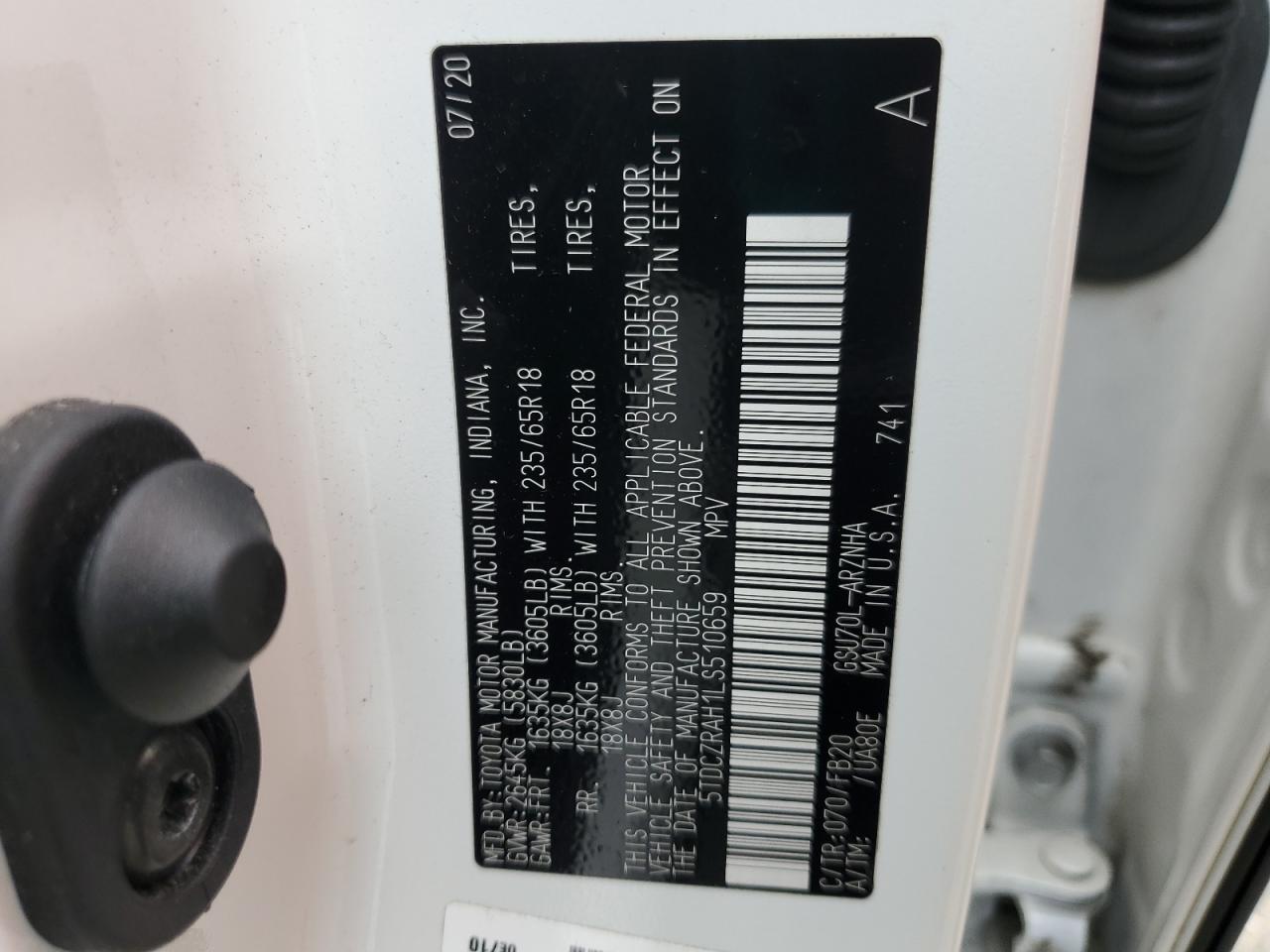 2020 Toyota Highlander L VIN: 5TDCZRAH1LS510659 Lot: 85924425