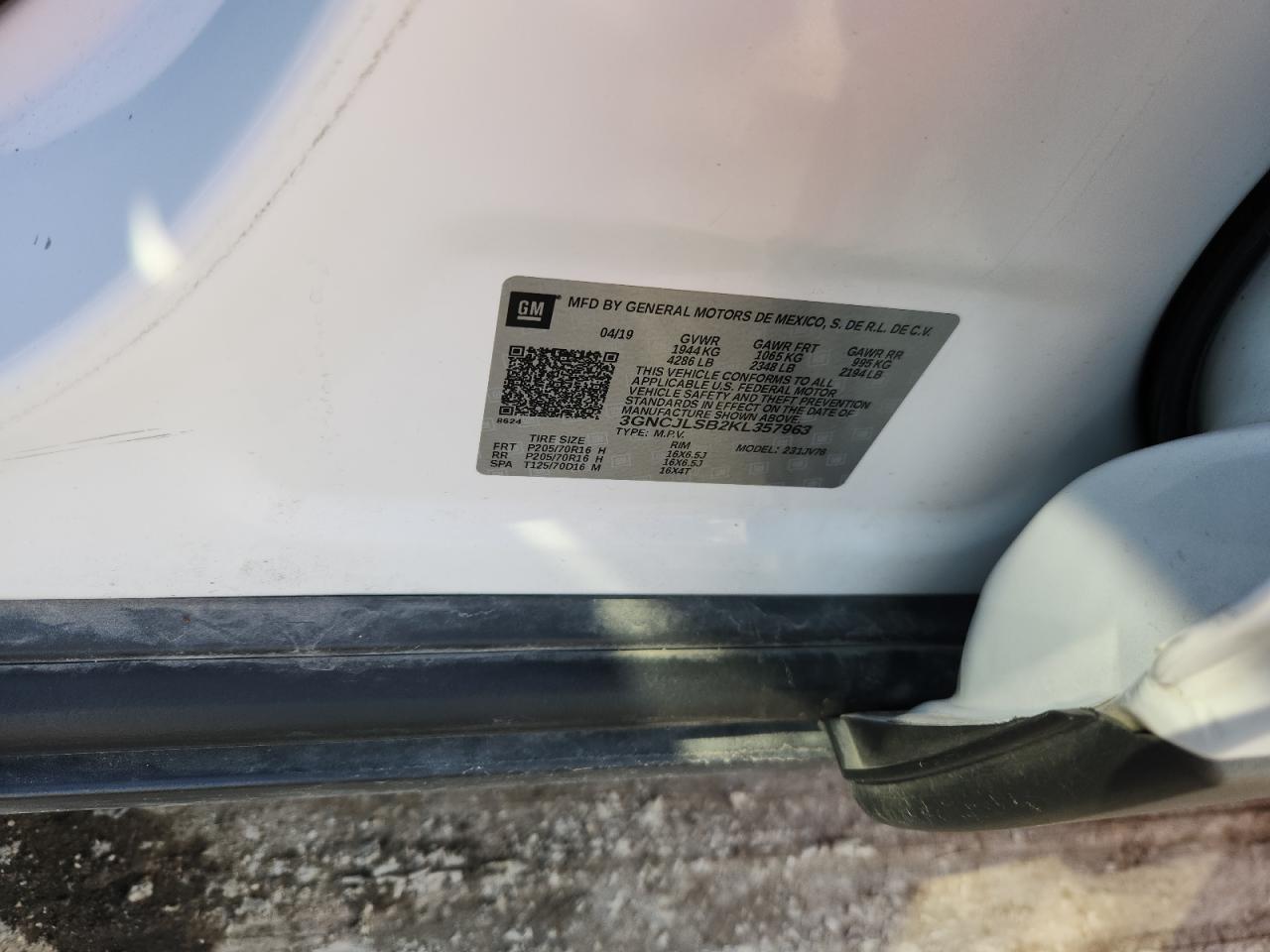 2019 Chevrolet Trax 1Lt VIN: 3GNCJLSB2KL357963 Lot: 85345705