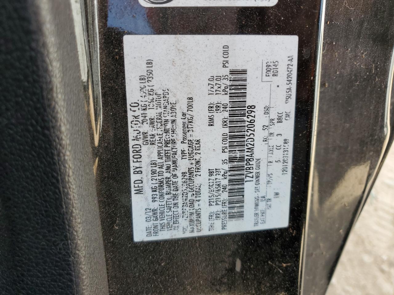 2013 Ford Mustang VIN: 1ZVBP8AM2D5206298 Lot: 87101075