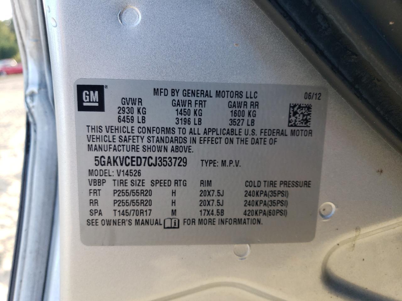 2012 Buick Enclave VIN: 5GAKVCED7CJ353729 Lot: 84593595