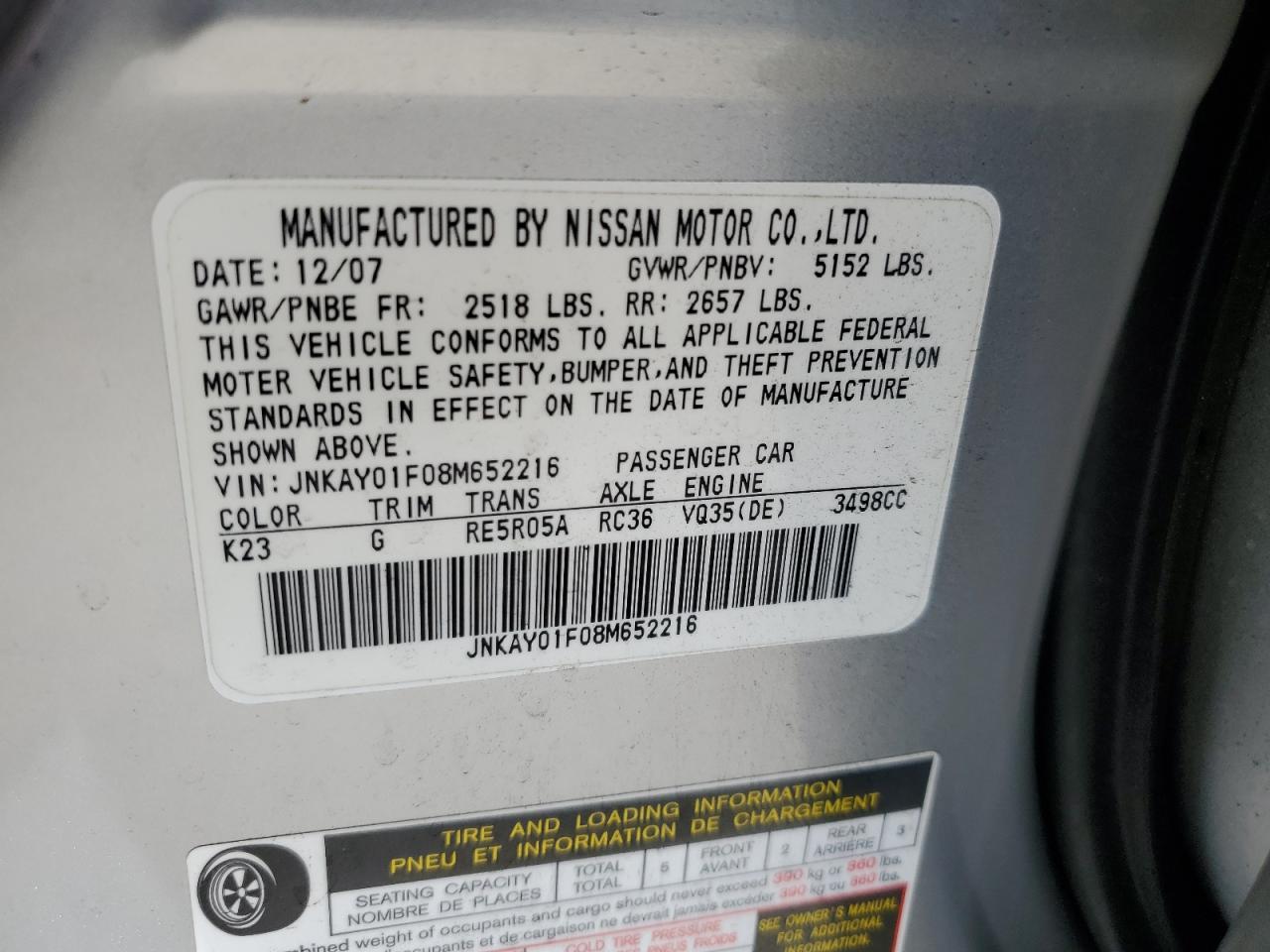 2008 Infiniti M35 Base VIN: JNKAY01F08M652216 Lot: 85750675