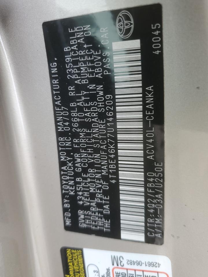 2007 Toyota Camry Ce VIN: 4T1BE46K77U146209 Lot: 85943165