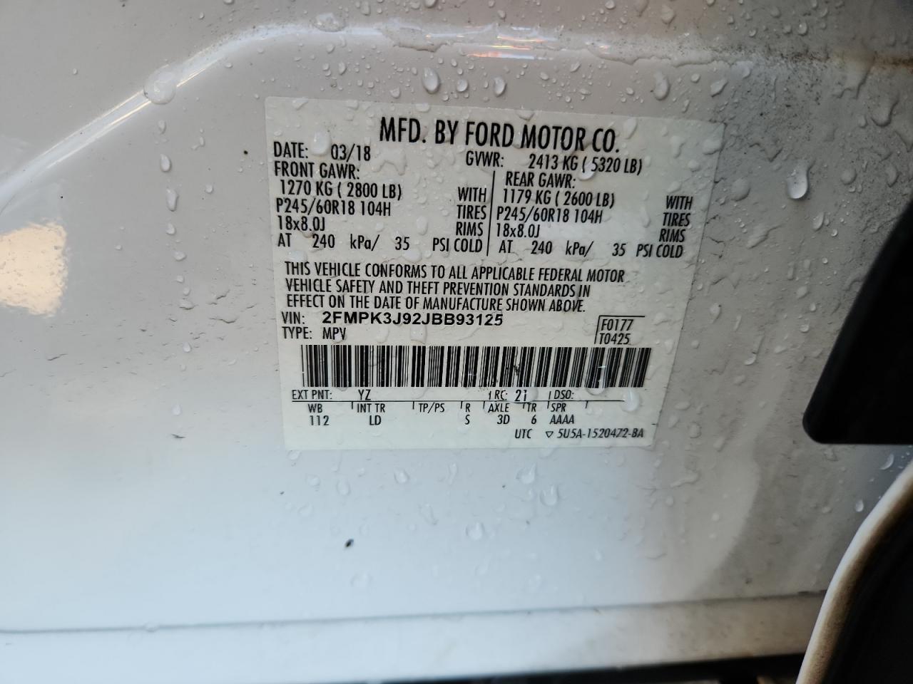 2018 Ford Edge Sel VIN: 2FMPK3J92JBB93125 Lot: 85961825