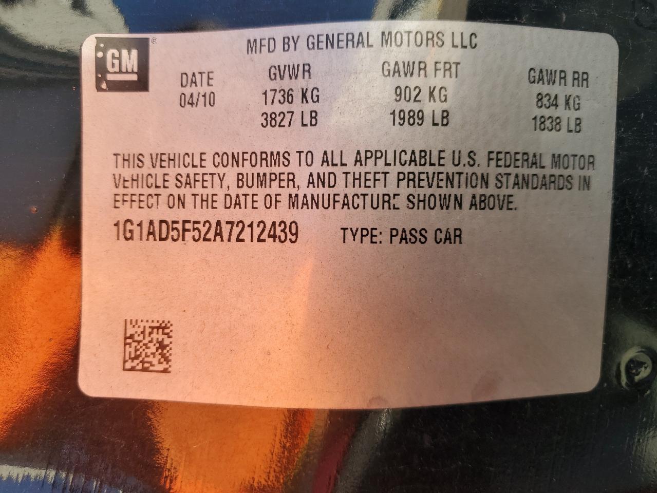 2010 Chevrolet Cobalt 1Lt VIN: 1G1AD5F52A7212439 Lot: 90915445