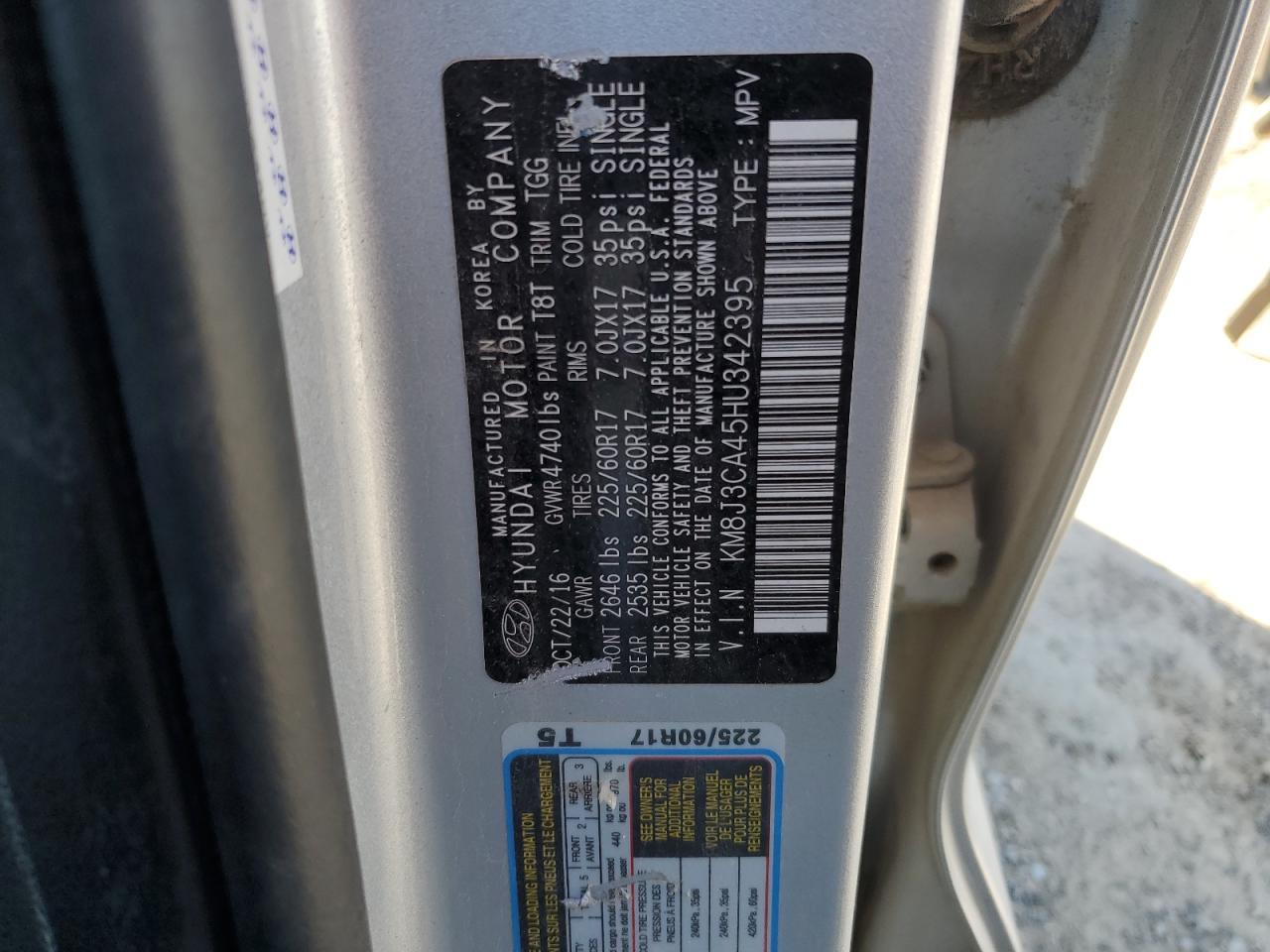 2017 Hyundai Tucson Limited VIN: KM8J3CA45HU342395 Lot: 82367645