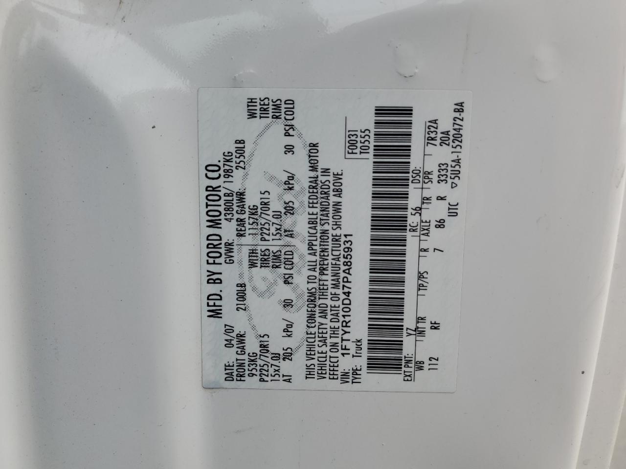 2007 Ford Ranger VIN: 1FTYR10D47PA85931 Lot: 90129855