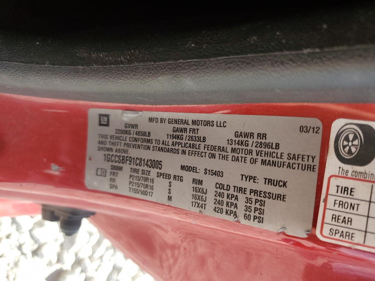 2012 Chevrolet Colorado VIN: 1GCCSBF91C8143005 Lot: 82218695