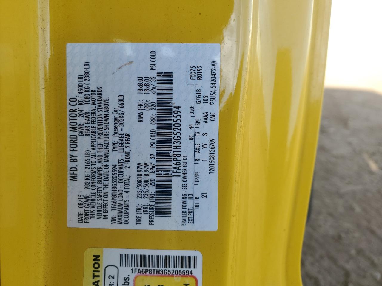 2016 Ford Mustang VIN: 1FA6P8TH3G5205594 Lot: 84836135