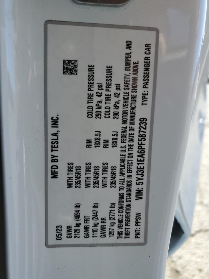 2023 Tesla Model 3 VIN: 5YJ3E1EA6PF587239 Lot: 85532915
