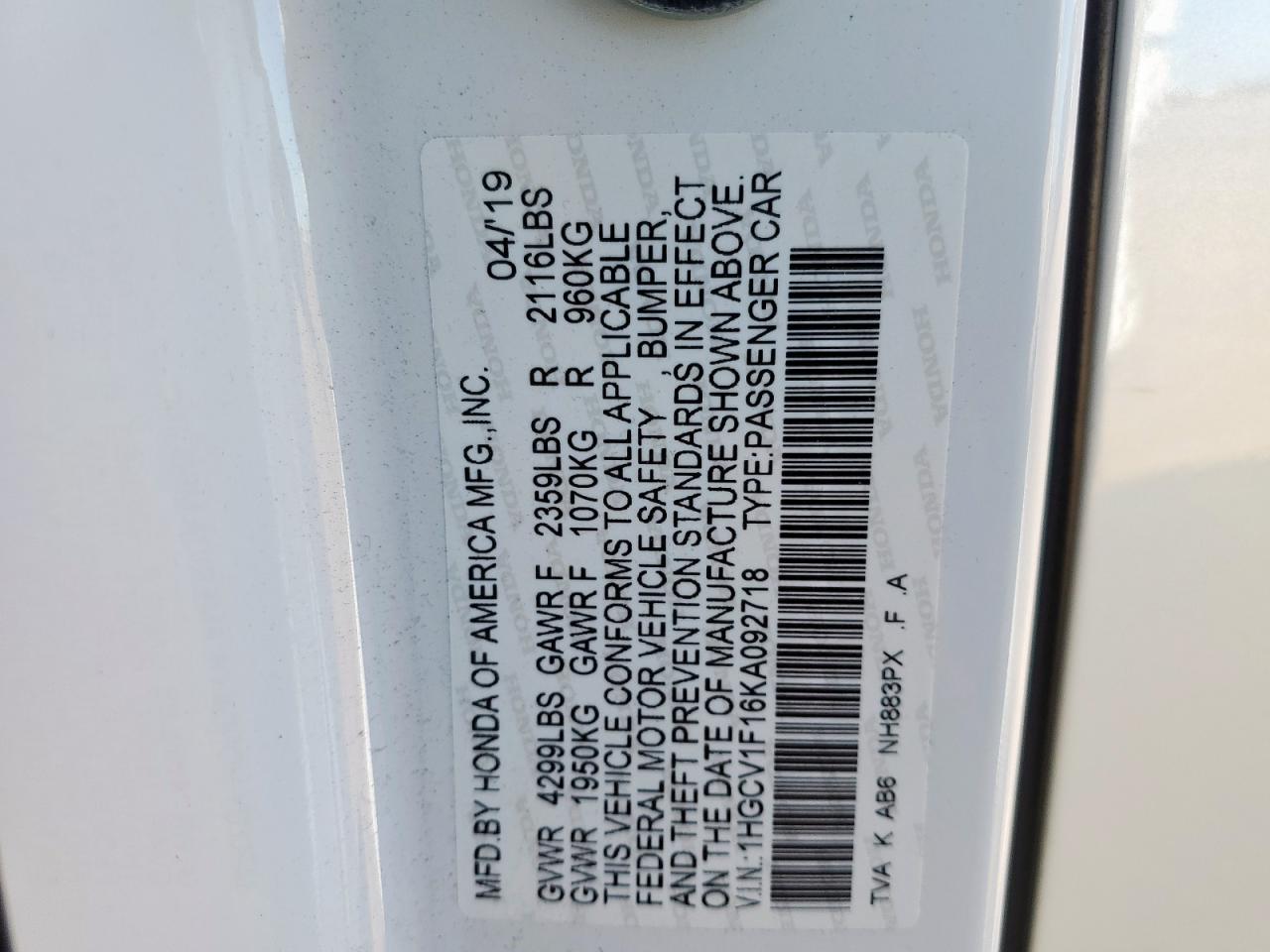 2019 Honda Accord Lx VIN: 1HGCV1F16KA092718 Lot: 84753145