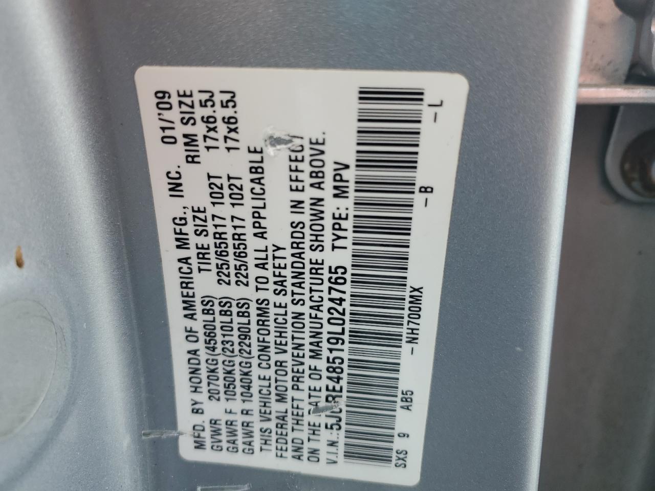 2009 Honda Cr-V Ex VIN: 5J6RE48519L024765 Lot: 84478745