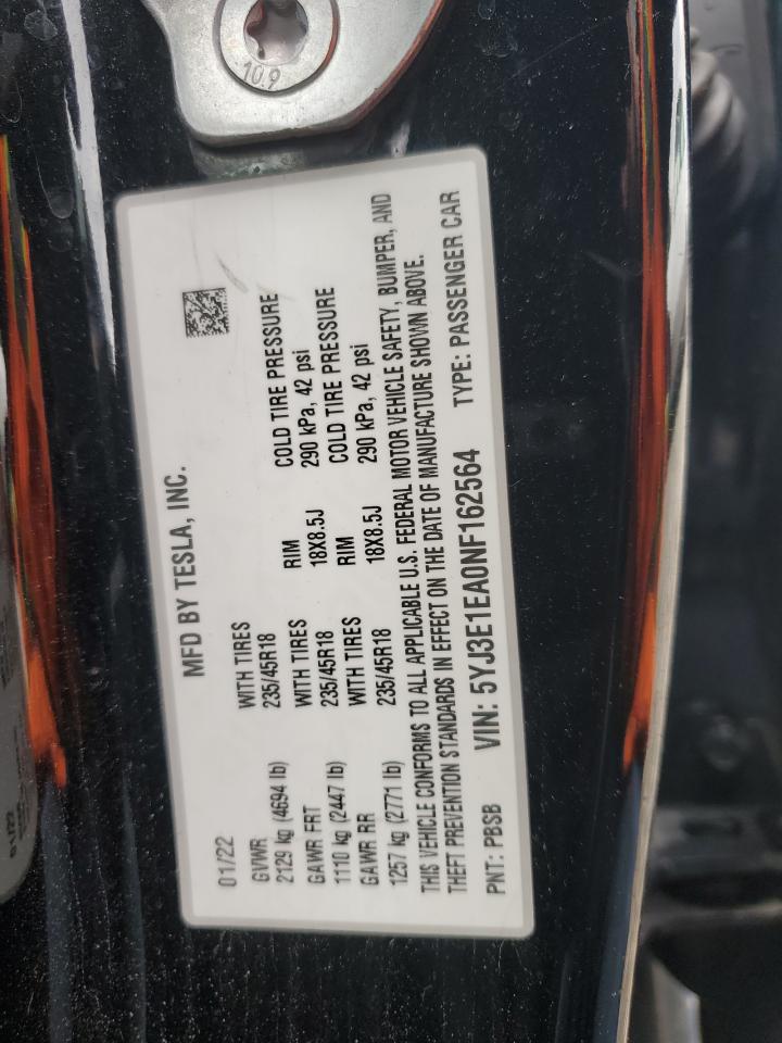 2022 Tesla Model 3 VIN: 5YJ3E1EA0NF162564 Lot: 86147585