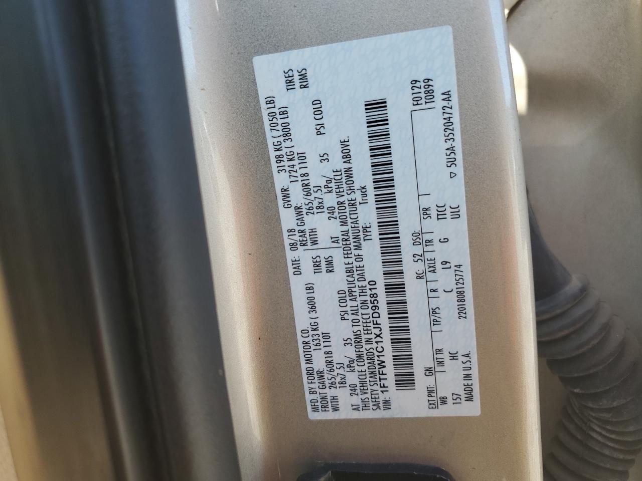 2018 Ford F150 Supercrew VIN: 1FTFW1C1XJFD95810 Lot: 86137755