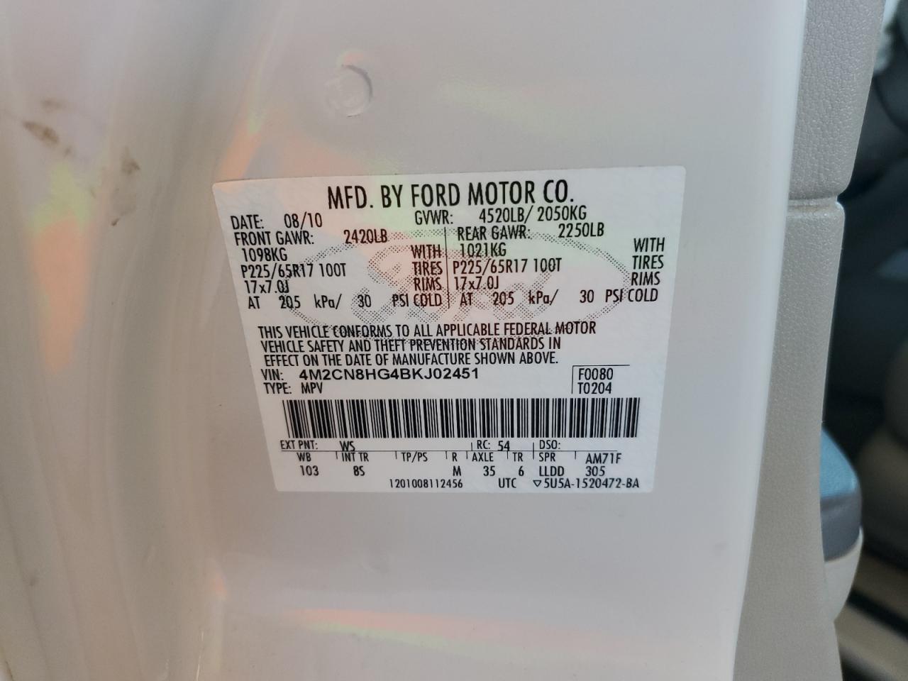 2011 Mercury Mariner Premier VIN: 4M2CN8HG4BKJ02451 Lot: 85353395