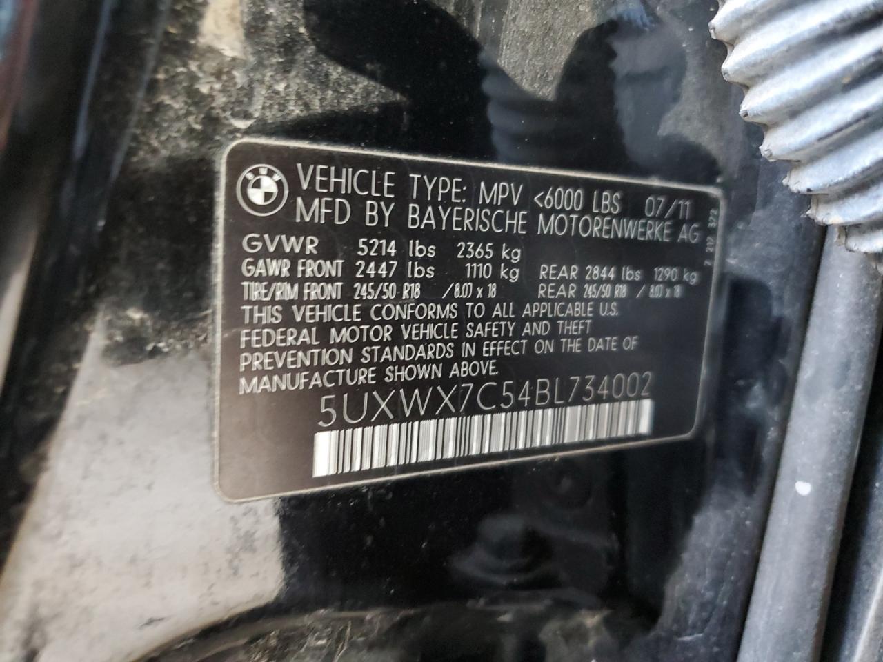 2011 BMW X3 xDrive35I VIN: 5UXWX7C54BL734002 Lot: 84250885