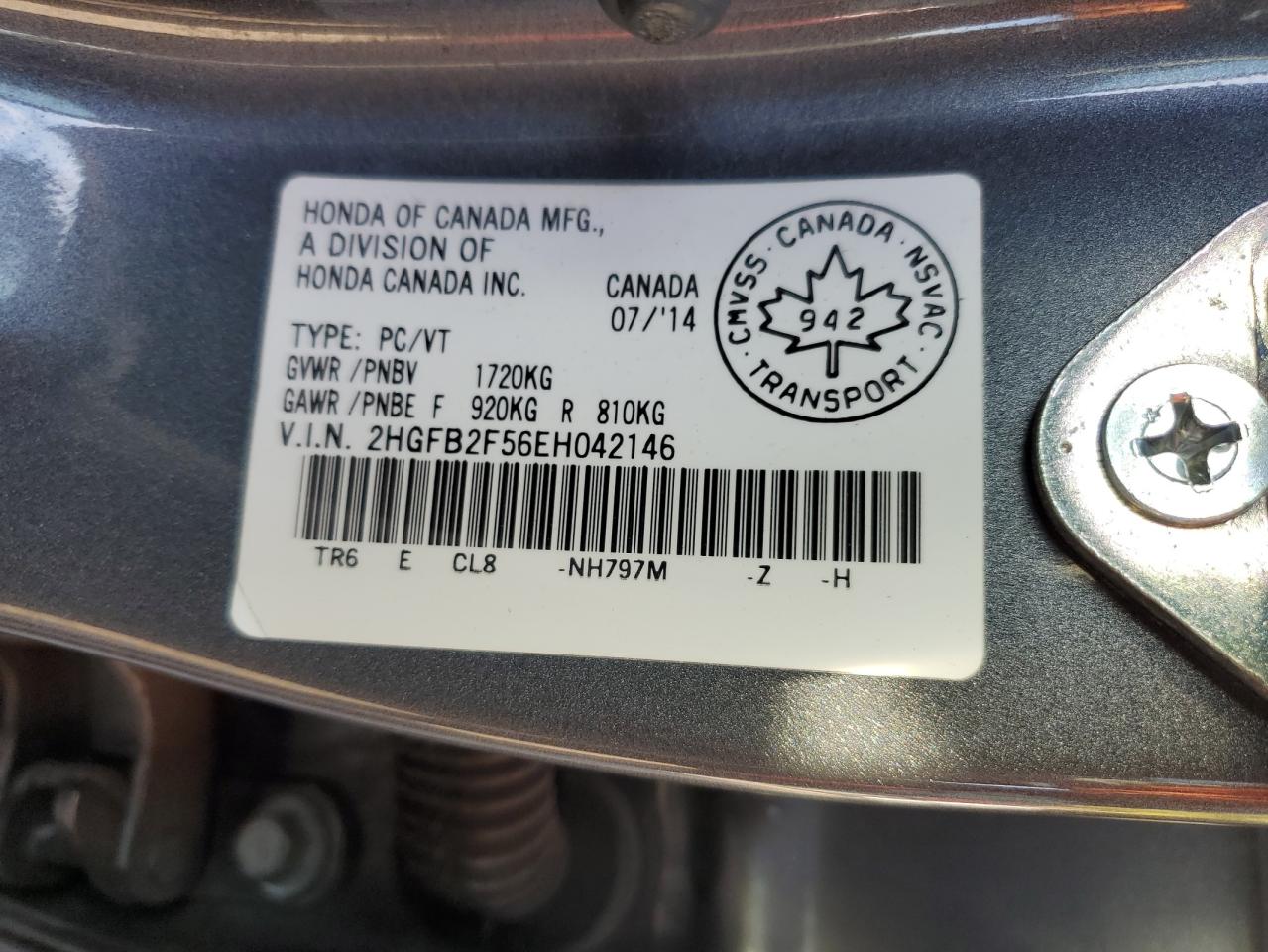 2014 Honda Civic Lx VIN: 2HGFB2F56EH042146 Lot: 84535995