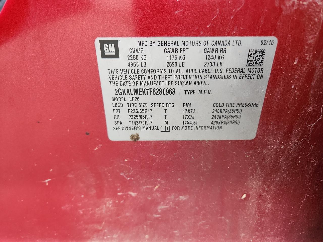 2015 GMC Terrain Sle VIN: 2GKALMEK7F6280968 Lot: 89502705