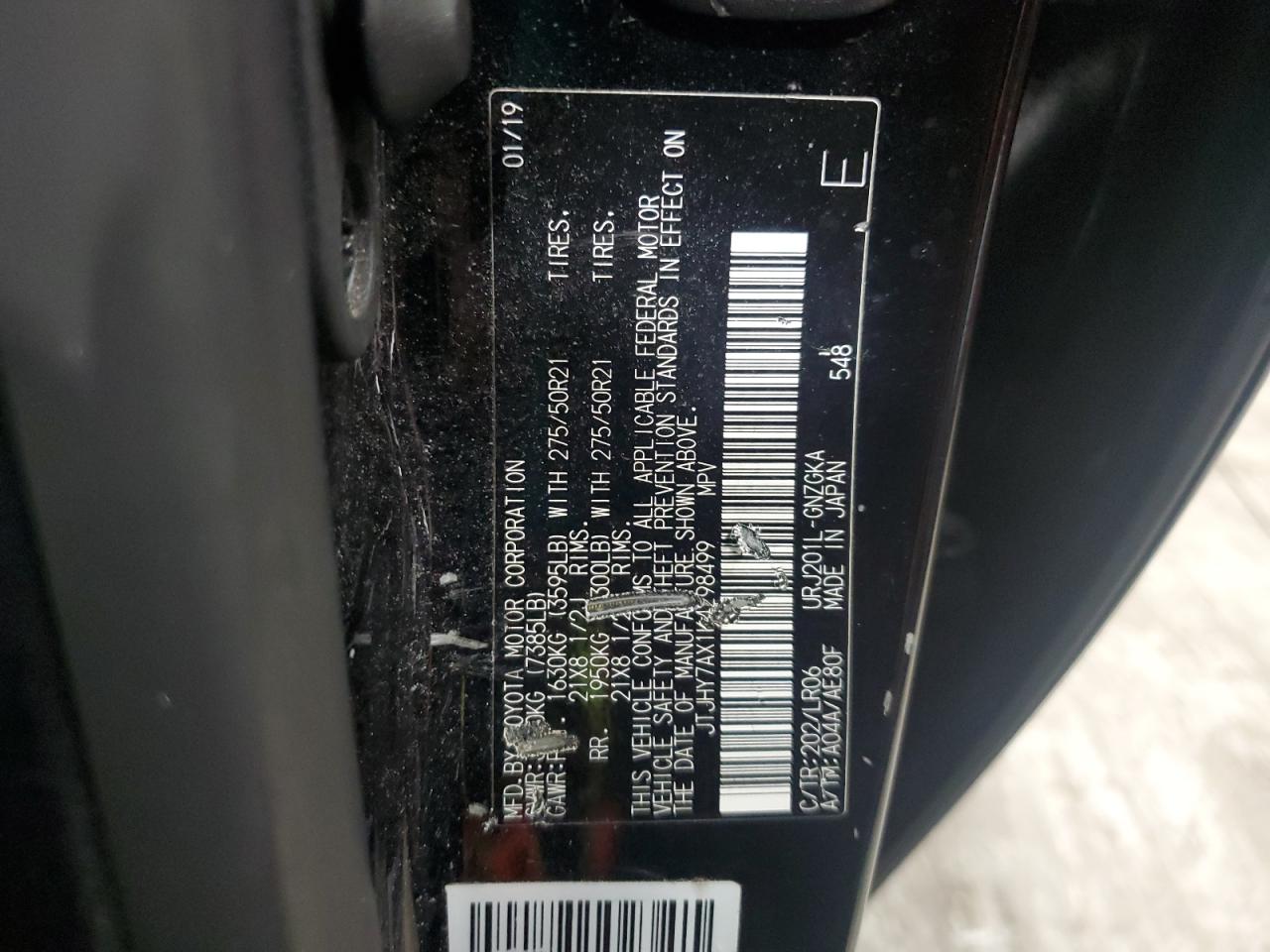 2019 Lexus Lx 570 VIN: JTJHY7AX1K4298499 Lot: 90107835