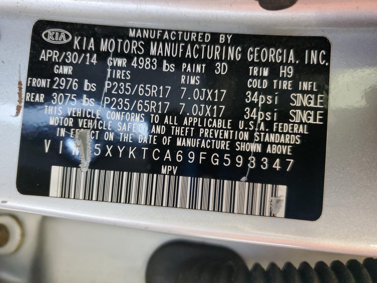 2015 Kia Sorento Lx VIN: 5XYKTCA69FG593347 Lot: 87482925